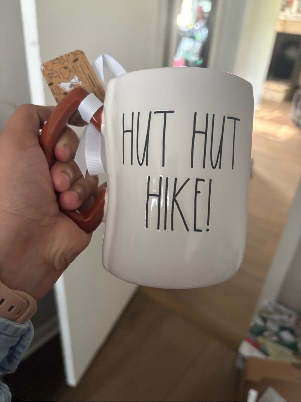 Rae Dunn Snoopy Hut Hut Hike!' Ceramic Mug with Brown Handle